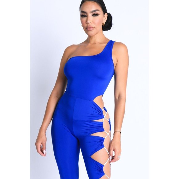 Pants - Womens Asymmetric One Shoulder Cut Out Bodycon Jumpsuit Club Party Sexy Jumpsuit